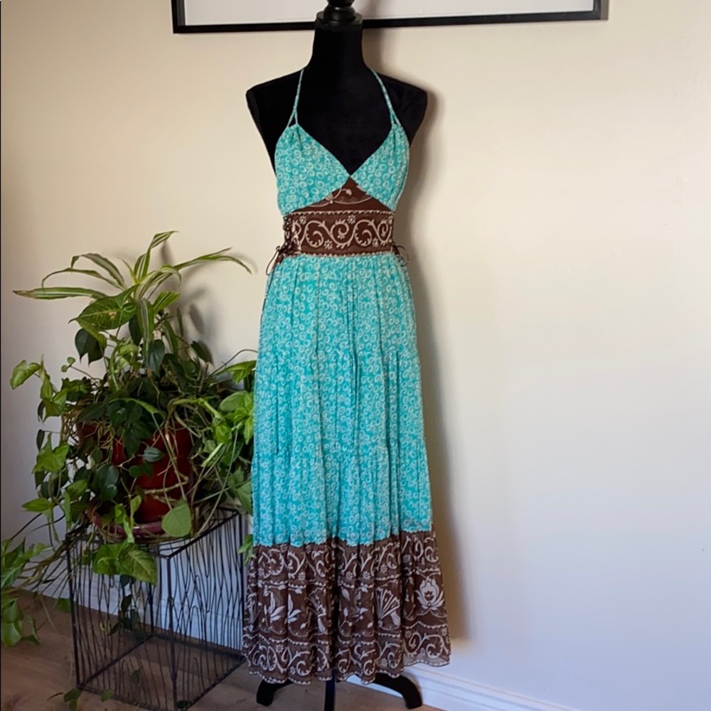 Vintage Turquoise and Brown Maxi Dress